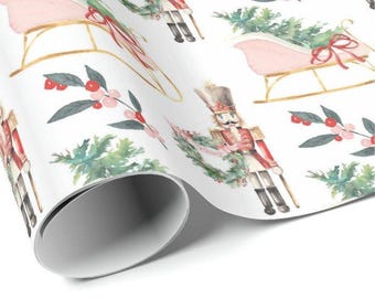 Papier imprimable à télécharger | Papier cadeau de Noël | Papier cadeau des Fêtes | Luge rose | Arbre de Noël | Casse-noisette | Couronne