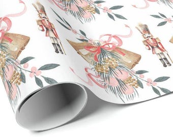 Papier imprimable à télécharger | Papier cadeau de Noël | Papier cadeau des Fêtes | Cloches d'or | Casse-noisette | Butin de verdure d'hiver | Ruban