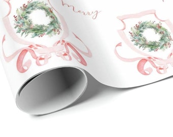 Papier imprimable à télécharger | Papier cadeau de Noël | Papier cadeau des Fêtes | Couronne de Noël | Ruban rose | Joyeux