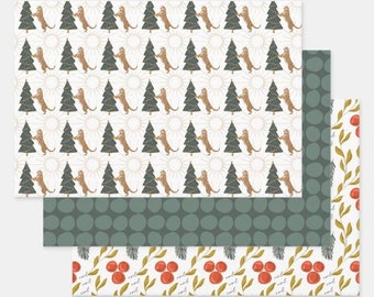 Lot de 3 | Papier cadeau de Noël | Papier cadeau des Fêtes | Papier imprimable à télécharger | Tigre | Arbre de Noël | Baies d'hiver de pin