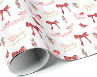 Papier imprimable à télécharger | Papier cadeau de Noël | Papier cadeau des Fêtes | Casse-noisette | Traîneau | Joyeux | Ruban rouge | Cardinal