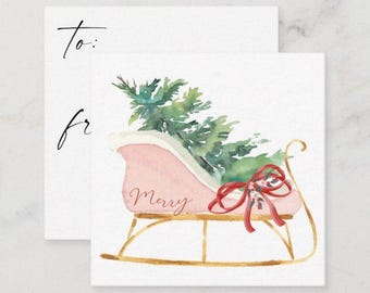 Étiquette cadeau de Noël | Étiquette-cadeau des Fêtes | Traîneau de Noël | Arbre de Noël | Traîneau rose | Étiquette cadeau en ruban | Téléchargement numérique imprimable
