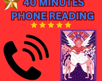 May include: A red background with a gold star, the text "40 MINUTES PHONE READING" in blue, five gold stars, a black phone icon with a white wave, and a tarot card with the Lovers card image and the text "THE LOVERS".