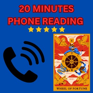 Puede incluir: Un icono de teléfono azul y amarillo con una pancarta roja que dice "20 Minutes Phone Reading" y cinco estrellas doradas. La imagen también incluye una carta de tarot con el diseño de la Rueda de la Fortuna.