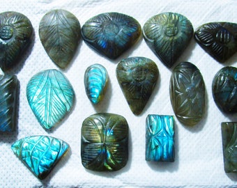 Natural Black Labradorite Carving Gemstone! Handmade Black Labradorite Carving Gemstone 19 Pieces Lot !