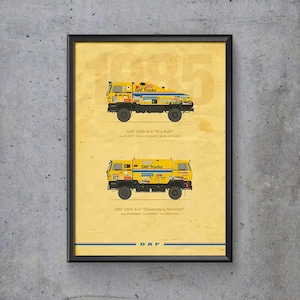 May include: A vintage poster featuring two yellow DAF 3300 4x4 trucks from the 1995 Dakar Rally. The trucks are labeled "The Bull" and "Tweekoppig Monster".