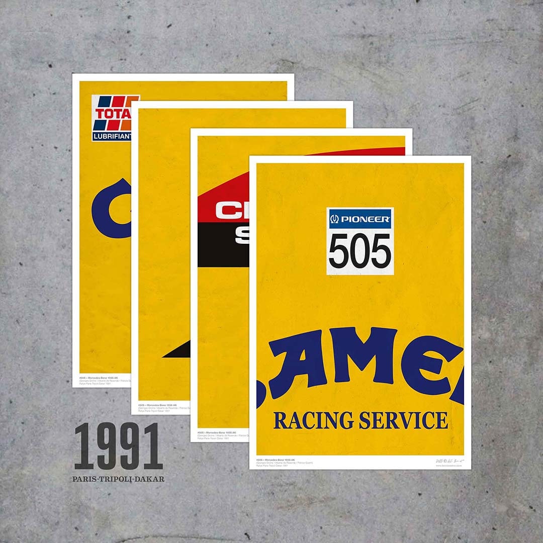 シトロエン AMI ヴィンテージ ポスター Georges GROINE NUMBERS – Paris-dakar 1991 – Set of 4 POSTERS