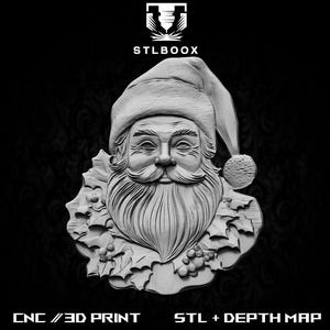 STL 3D du Père Noël | Routeur CNC | Sculpture sur bois | Découpe | Utilisation commerciale | Décoration murale | Impression 3D | Carte de la profondeur | Niveaux de gris