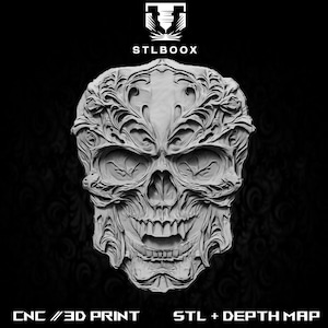 Skull 3D STL | CNC Router | Wood Carving | Cutting | Commercial Use | Wall Decor | 3D Print | Depth Map | Grayscale
