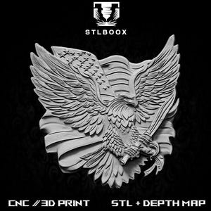Bandeira Eagle U.S.A 3D STL | Roteador CNC | Escultura em madeira | Corte | Uso comercial | Decoração de parede | Impressão 3D | Mapa de profundidade | Escala de cinza