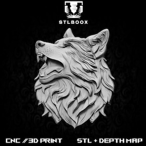 Wolf 3D STL | Roteador CNC | Escultura em madeira | Corte | Uso comercial | Decoração de parede | Impressão 3D | Mapa de profundidade | Escala de cinza