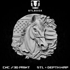 American Horse 3D STL | CNC Router | Wood Carving | Cutting | Commercial Use | Wall Decor | 3D Print | Depth Map | Grayscale