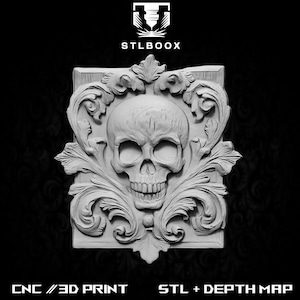 Cráneo enmarcado 3D STL / Enrutador CNC / Tallado en madera / Corte / Uso comercial / Decoración de pared / Impresión 3D / Mapa de profundidad / Escala de grises