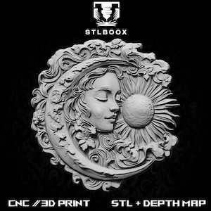 Lua e Sol 3D STL | Roteador CNC | Escultura em madeira | Corte | Uso comercial | Decoração de parede | Impressão 3D | Mapa de profundidade | Escala de cinza