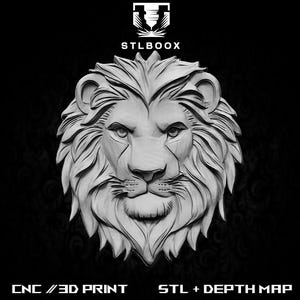 STL 3D Lion | Routeur CNC | Sculpture sur bois | Découpe | Utilisation commerciale | Décoration murale | Impression 3D | Carte de la profondeur | Niveaux de gris
