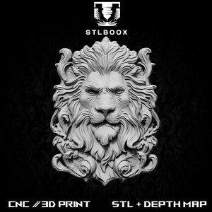 STL 3D Lion | Routeur CNC | Sculpture sur bois | Découpe | Utilisation commerciale | Décoration murale | Impression 3D | Carte de la profondeur | Niveaux de gris