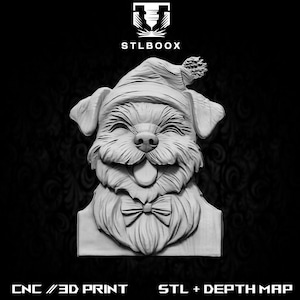 Dog Christmas 3D STL | Roteador CNC | Escultura em madeira | Corte | Uso comercial | Decoração de parede | Impressão 3D | Mapa de profundidade | Escala de cinza