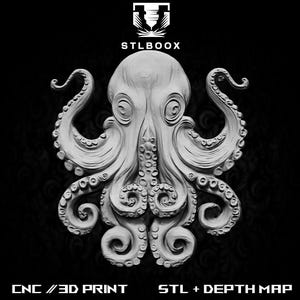3D de la pieuvre | Routeur CNC | Sculpture sur bois | Découpe | Utilisation commerciale | Décoration murale | Impression 3D | Carte de la profondeur | Niveaux de gris