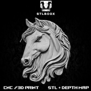 3D STL de cheval | Routeur CNC | Sculpture sur bois | Découpe | Utilisation commerciale | Décoration murale | Impression 3D | Carte de la profondeur | Niveaux de gris
