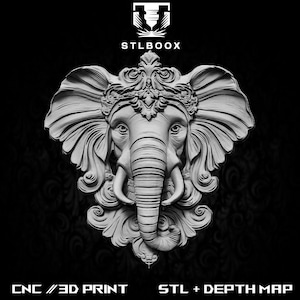 Elefante 3D STL | Roteador CNC | Escultura em madeira | Corte | Uso comercial | Decoração de parede | Impressão 3D | Mapa de profundidade | Escala de cinza