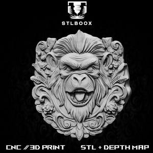 STL 3D de singe | Routeur CNC | Sculpture sur bois | Découpe | Utilisation commerciale | Décoration murale | Impression 3D | Carte de la profondeur | Niveaux de gris