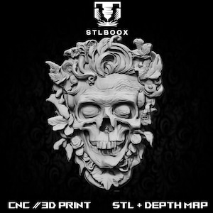 Skull Decor 3D STL | CNC Router | Wood Carving | Cutting | Commercial Use | Wall Decor | 3D Print | Depth Map | Grayscale