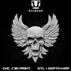 Skull with Wings 3D STL | CNC Router | Wood Carving | Cutting | Commercial Use | Wall Decor | 3D Print | Depth Map | Grayscale