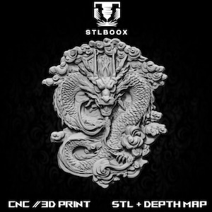 Dragon 3D STL | Roteador CNC | Escultura em madeira | Corte | Uso comercial | Decoração de parede | Impressão 3D | Mapa de profundidade | Escala de cinza