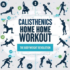 Puede incluir: Un póster gráfico titulado CALISTHENICS HOME HOME WORKOUT THE BODYWEIGHT REVOLUTION en texto azul oscuro y verde azulado. El diseño presenta siluetas azul oscuro de personas realizando varios ejercicios de peso corporal en círculo.