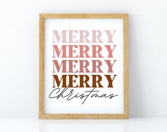 Könnte beinhalten: Ein gerahmter Druck mit dem Text "Merry Christmas" in einem modernen, minimalistischen Stil. Das Wort "Merry" wird viermal in einem Farbverlauf von Rosa und Braun wiederholt.