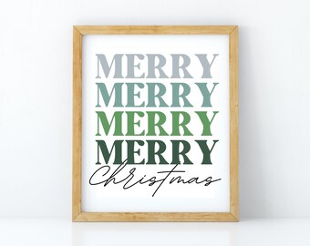 Könnte beinhalten: Ein gerahmter Druck mit dem Text "Merry Christmas" in einem Farbverlauf von Grün und Blau. Das Wort "Merry" wird viermal wiederholt, wobei jede Wiederholung in einem anderen Grün- und Blauton gehalten ist.