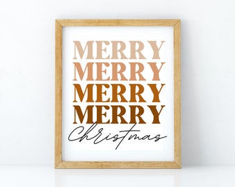 Könnte beinhalten: Ein gerahmter Druck mit dem Text "Merry Merry Merry Merry Christmas" in einem Farbverlauf von Braun, Orange und Pfirsich. Der Text ist in einer fetten, Retro-Schriftart.
