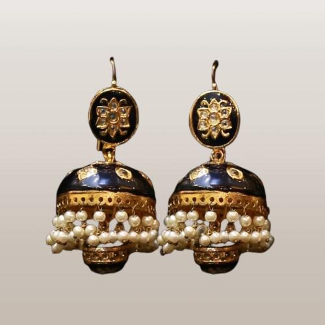 Traditional Gold-plated Jhumka Earrings With Black Enamel and Pearl ...