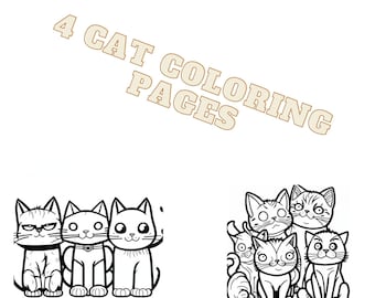 Cat Coloring Pages - Printable Coloring Pages - 4 Designs - Digital