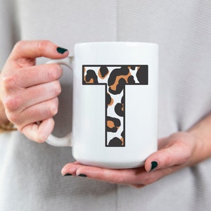 Cheetah print gift for mom gift for her mug gift for him letter T mug initial mug T letter individualized gift mug T