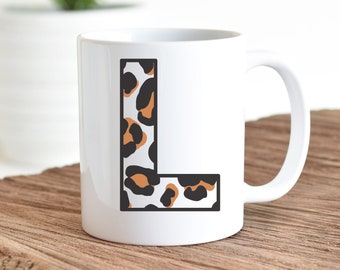 Cheetah print gift mug initial L mug gift for her gift for him letter L mug mom gift BFF gift mug