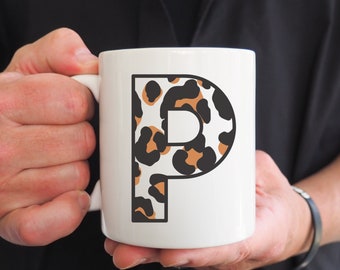 cheetah print initial mug letter p mug gift for her p mug gift for him coworker gift alphabet P letter gift mug P name