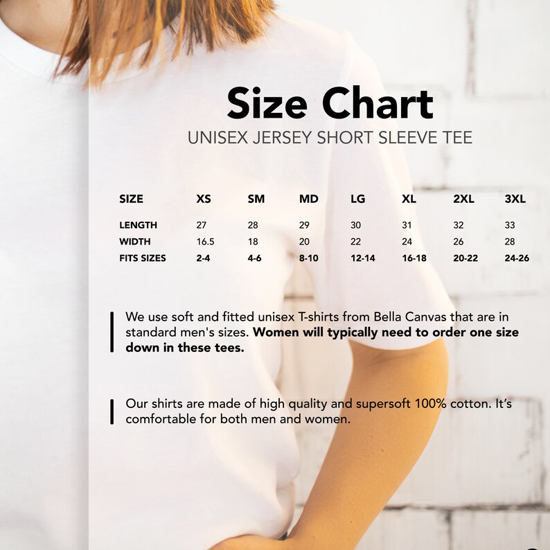 Peut inclure: Tableau des tailles pour t-shirts unisexes &agrave; manches courtes. Le tableau indique les tailles XS &agrave; 3XL avec les mesures de longueur, de largeur et la taille homme correspondante. Le texte indique que les t-shirts sont fabriqu&eacute;s en coton 100% de haute qualit&eacute; et super doux.