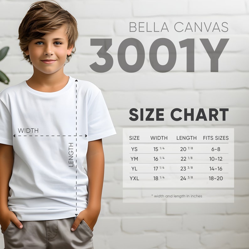 May include: Bella Canvas 3001Y youth size chart with measurements in inches. The chart shows the size, width, length, and corresponding age range for each size. Sizes include YS, YM, YL, and YXL.