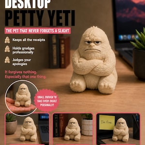 Yeti-skrivbordsleksaker, figurin, smålig Yeti, rolig kontorsdekor, sarkastisk skrivbordskompis, kollega, present, grinig Yeti, båsdekor, chefspresent, kontorsskämt, present
