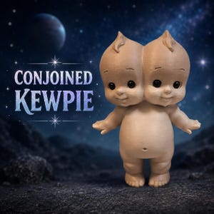 Puede incluir: Una figura de muñeca Kewpie beige siamesa con dos cabezas, grandes ojos negros y un cuerpo pequeño. El texto CONJOINED KEWPIE está impreso en letras azules y blancas a la izquierda de la figura sobre un fondo oscuro con temática espacial.
