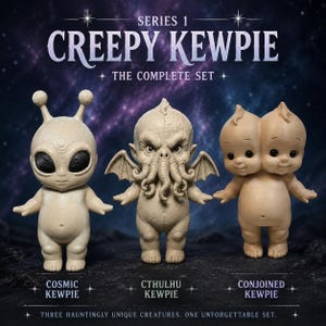 Puede incluir: Un conjunto de tres figuras de color beige titulado Series 1 Creepy Kewpie: The Complete Set. Las figuras incluyen a Cosmic Kewpie con antenas, Cthulhu Kewpie con alas y tentáculos, y Conjoined Kewpie con dos cabezas en un cuerpo.