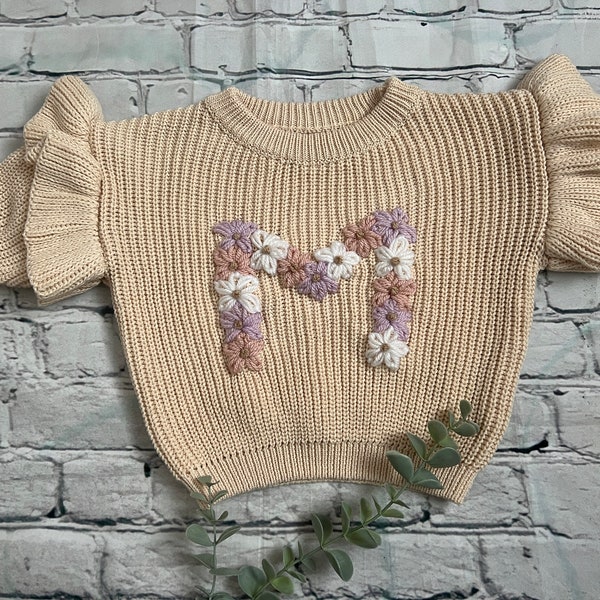 Hand Embroidered Chunky Knit Jumper with Ruffled Sleeves | Personalised Name Sweater | New Baby Announcement | Baby, Toddler, Child