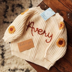 Hand Embroidered Chunky Knit Cardigan | Personalised Name Cardy | New Baby Announcement | Baby, Toddler, Child