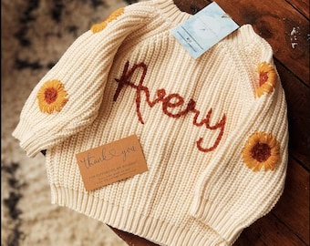 Hand Embroidered Chunky Knit Cardigan | Personalised Name Cardy | New Baby Announcement | Baby, Toddler, Child