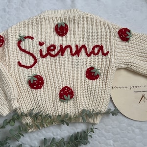 Hand Embroidered Cream Chunky Knit Cardigan | Personalised Name Cardy | New Baby Announcement | Optional Strawberry | Baby, Toddler, Child