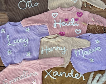 Hand Embroidered Chunky Knit Jumper | Personalised Name Sweater | New Baby Announcement | Baby, Toddler, Child