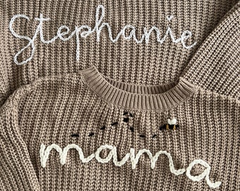 Adult Hand Embroidered Chunky Knit Jumper | Personalised Name Sweater | New Baby Announcement | Mother’s Day Gift | New Mama