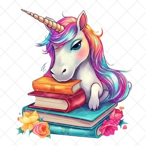 Unicorn With Books PNG Transparent Clipart Kids Cartoon Design,Printable Sublimation,Digital Instant Download,Baby Shower,Unicorn PNG Art