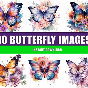 Flowers Butterfly Clipart, 10 High Quality JPGs, Nursery Art | Card Making, Clip Art, Digital Paper Craft, Butterfly Watercolour